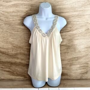Tank Top Large Cream with Sequin Embellished V Neckline Work To Weekend Shirt